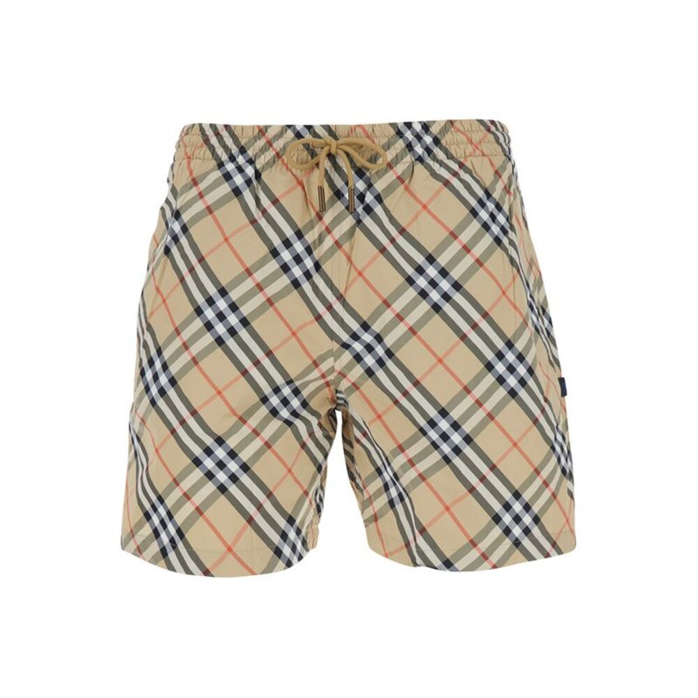 Burberry Men Beige Swim Shorts With Check Motif In Tech Fabric Men